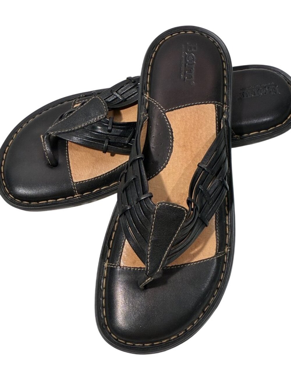 Born Black Leather Woven cushioned Slide-On Thong Sandals Size 10 EU 42
